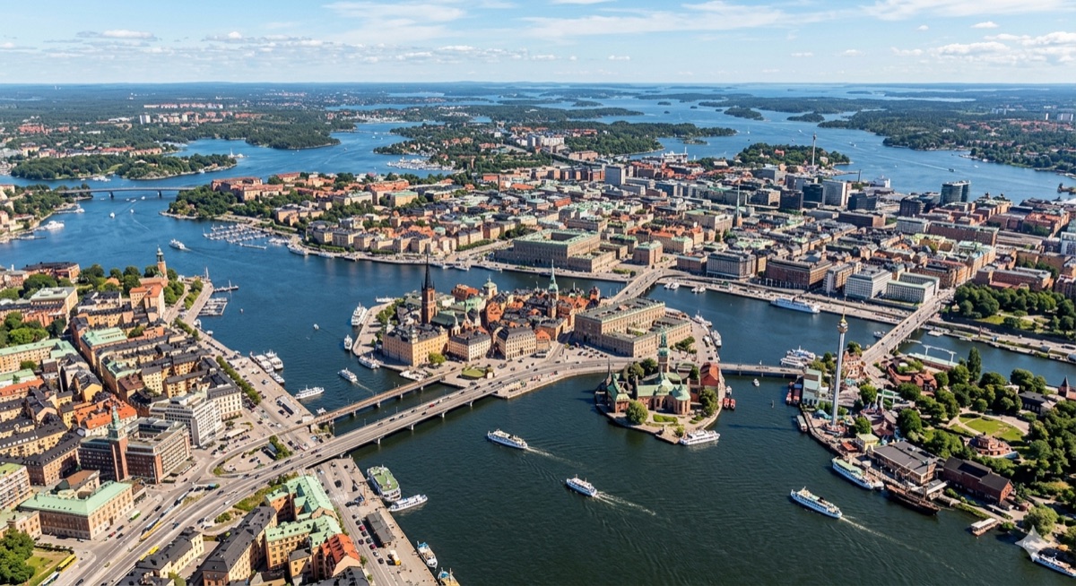 Stockholm med omnejd – flygvy över staden och skärgården